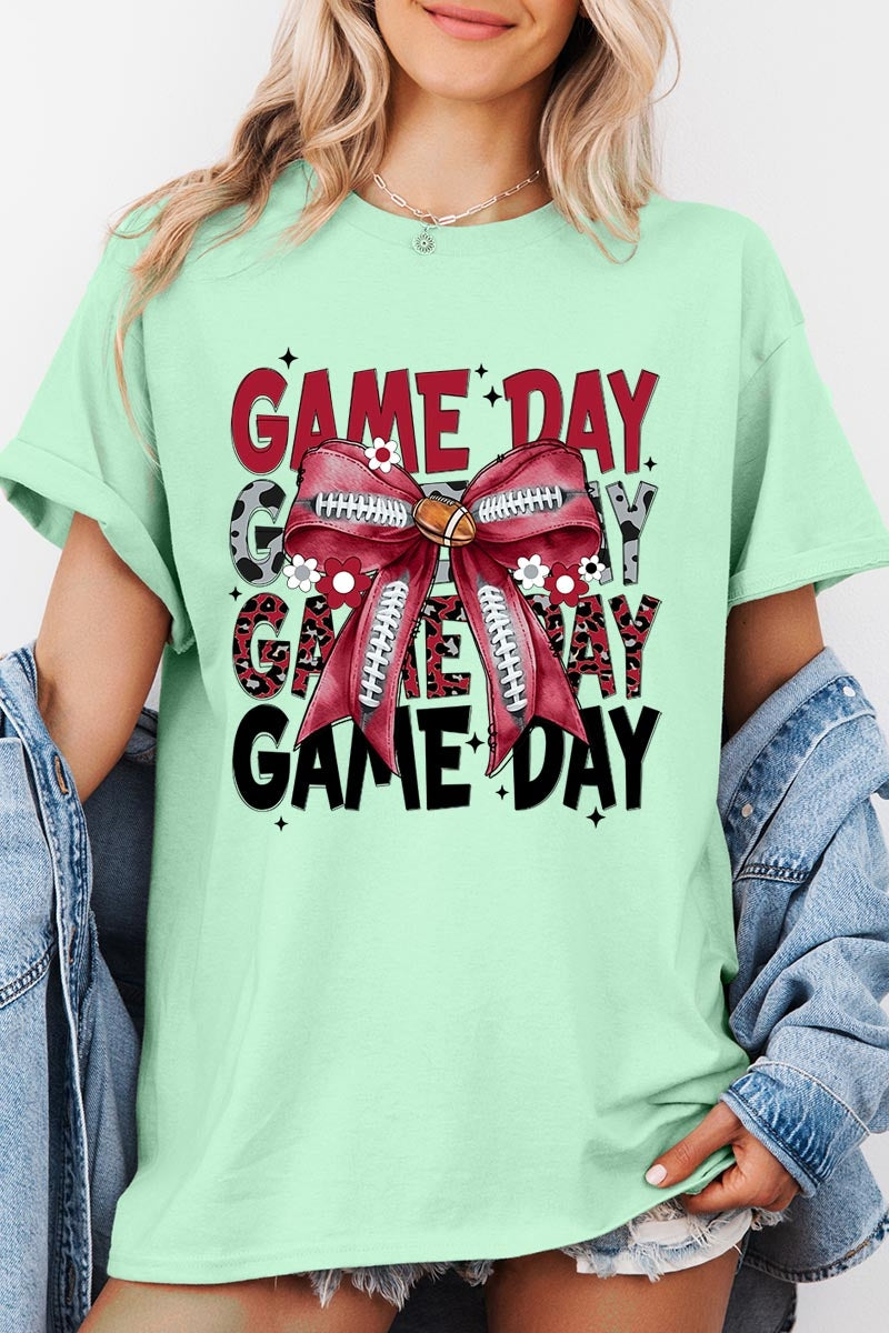 5000-E3093 Red Silver Football Game Day Bow Heavy Cotton Tee $9