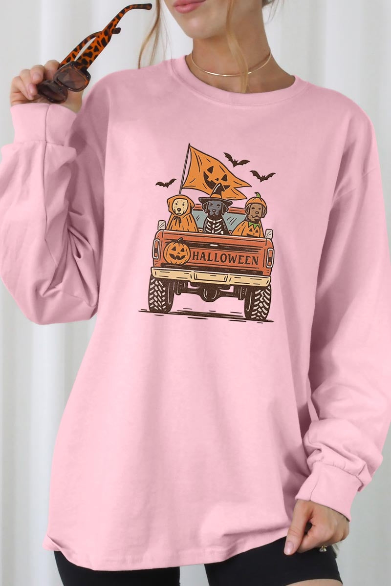 UL240P-E3150 Halloween Truck Dogs Graphic Plus Long Sleeve Tee $17