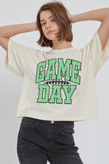 CTS-E3128 Green Gingham Game Day Graphic Relaxed Crop Top $11