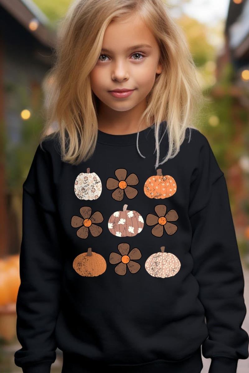 UL180B-E3117Z Pumpkins & Flowers Fall Kids Graphic Sweatshirt $20