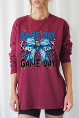 UL240-E3089 Blue Silver Football Game Day Bow Long Sleeve Tee $13.75