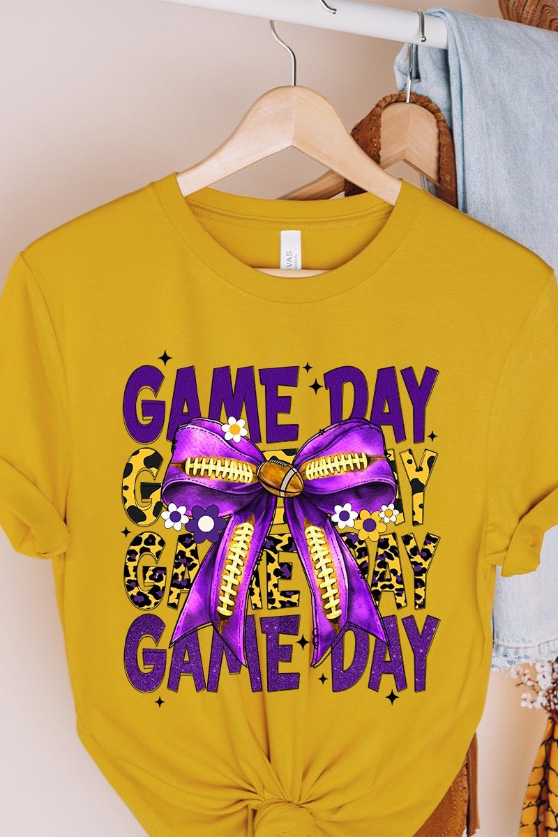 US3001P-E3092 Purple Yellow Football Game Day Bow Plus Tee $16