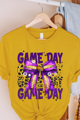 US3001-E3092 Purple Yellow Football Game Day Bow Graphic Tee $12.5