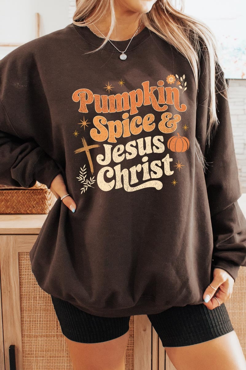 UL180P-E3164 Pumpkin Spice & Jesus Graphic Plus Sweatshirt $25