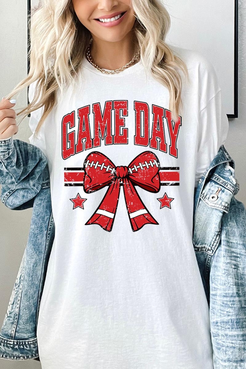 5000-E3062 Red Game Day Football Bow Graphic Heavy Cotton Tee $9