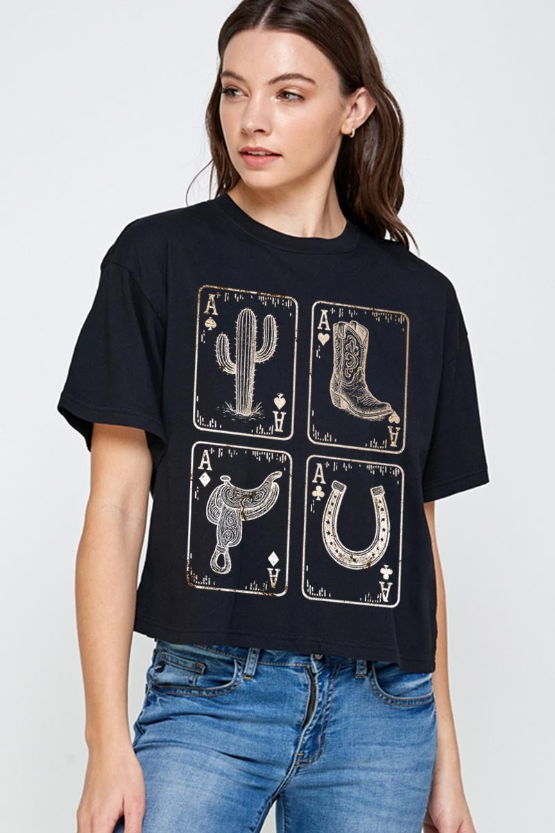 CTS-E3094 Western Cowgirl Card Graphic Relaxed Crop Top $11