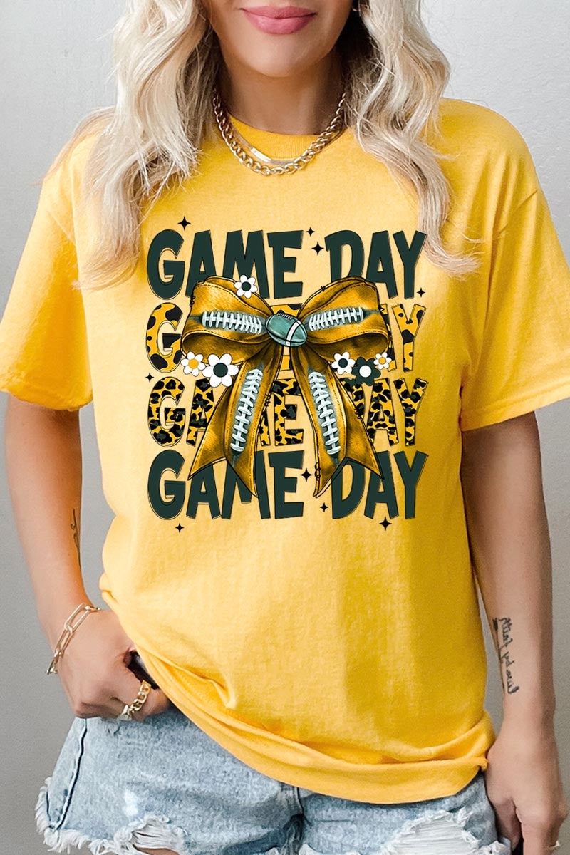 5000P-E3090 Yellow Football Game Day Bow Plus Heavy Cotton Tee $12.75
