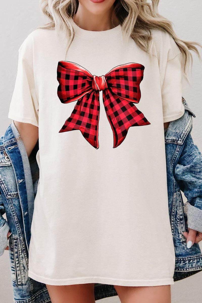 5000-E3198 Red Buffalo Plaid Bow Graphic Heavy Cotton Tee $9
