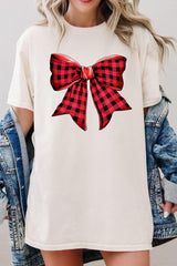 5000-E3198 Red Buffalo Plaid Bow Graphic Heavy Cotton Tee $9
