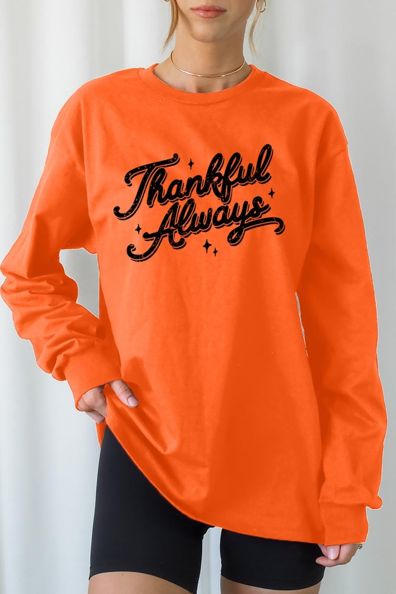 UL240P-E3168 Thankful Always Graphic Plus Long Sleeve Tee $17