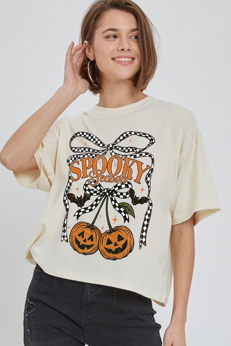 CTS-E3085 Pumpkin Cherries Graphic Relaxed Crop Top $11