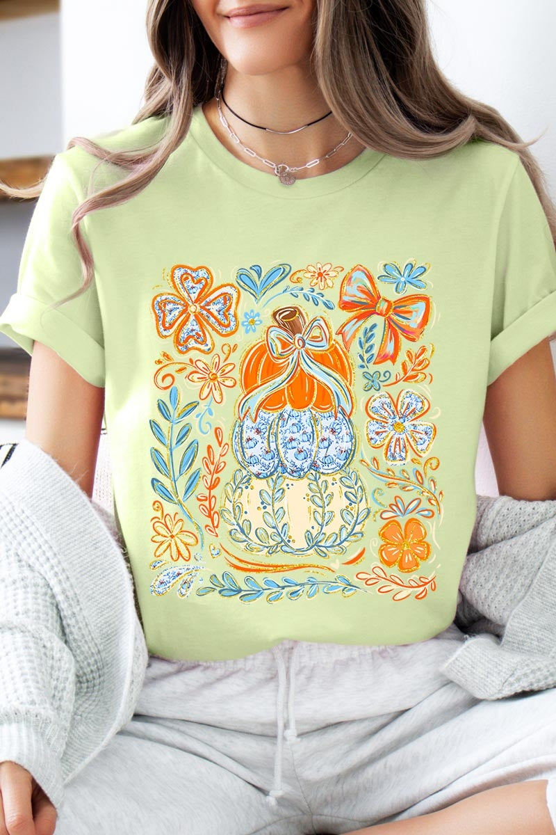 US3001P-E3153 Floral Pumpkin Stack Graphic Plus Tee $16