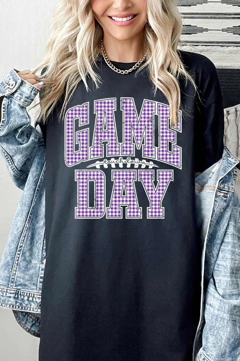 5000P-E3127 Purple Gingham Game Day Plus Heavy Cotton Tee $12.75