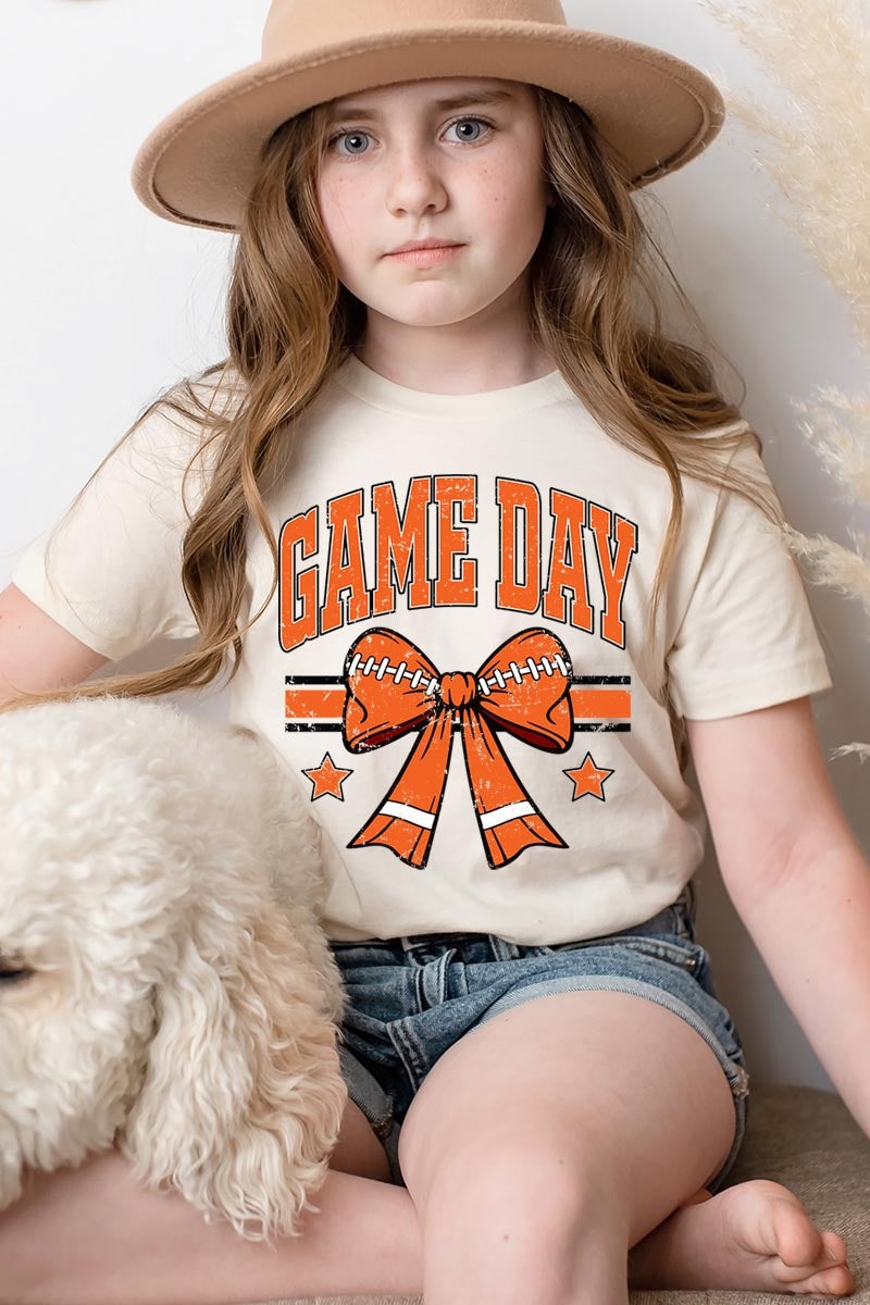 US3001Y-E3064Z Orange Game Day Football Bow Kids Graphic Tee $11