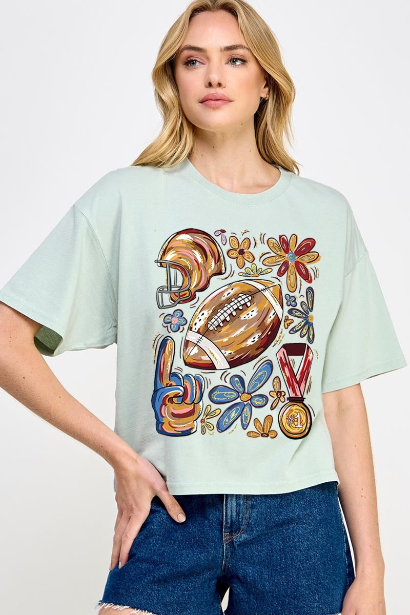 CTS-E3072 Retro Floral Football Graphic Relaxed Crop Top $11