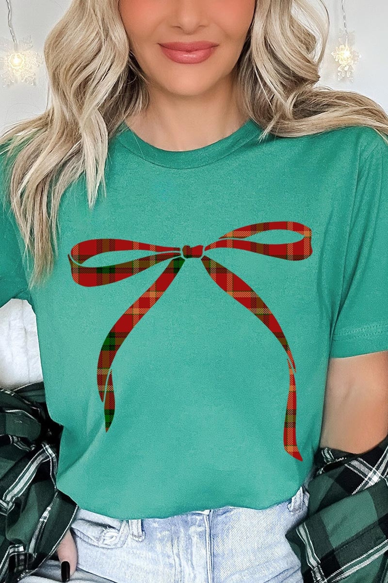 US3001-E3211 Red Bow Christmas Graphic Tee $12.5