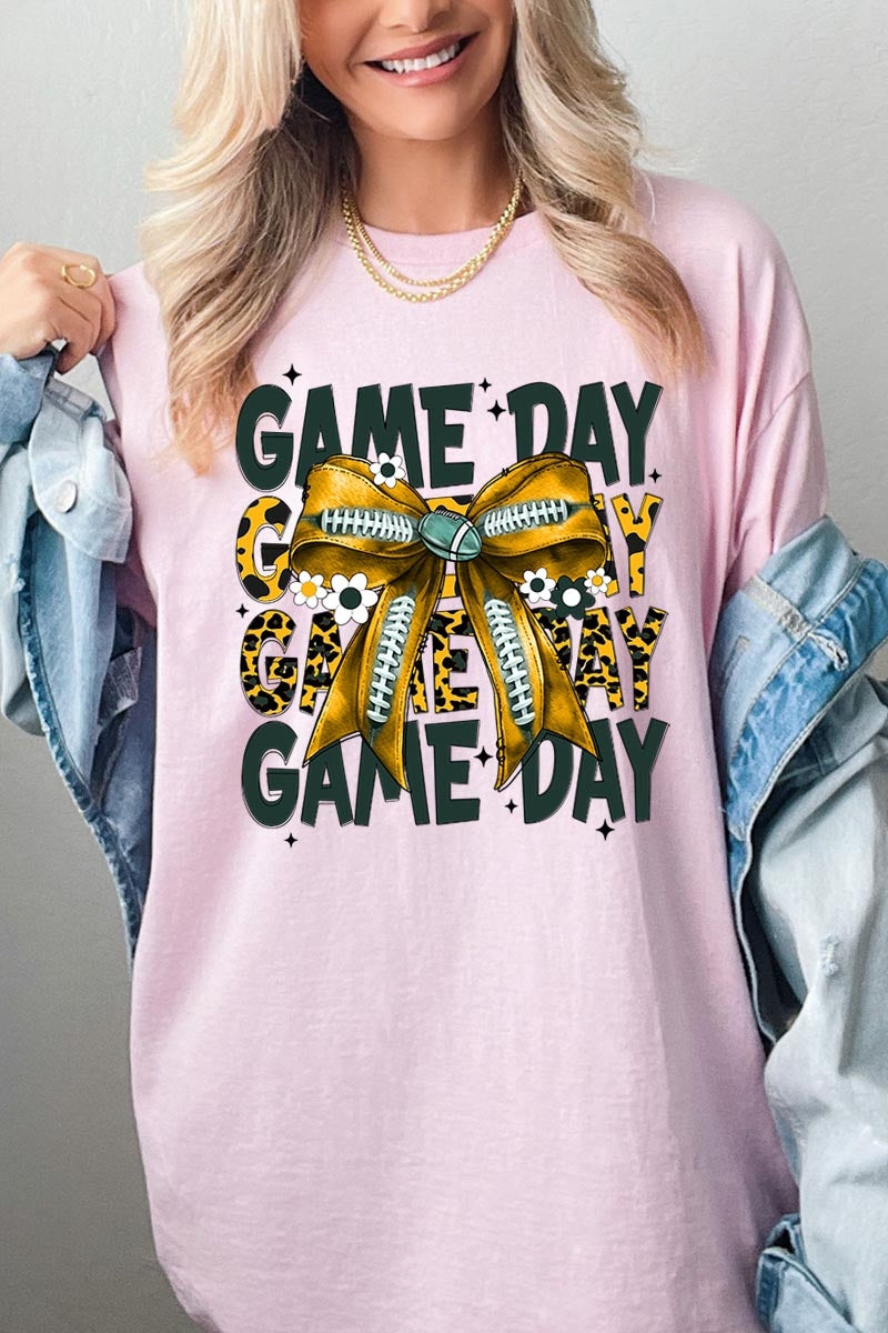 5000P-E3090 Yellow Football Game Day Bow Plus Heavy Cotton Tee $12.75