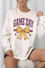 UL240-E3063 Purple Game Day Football Bow Long Sleeve Tee $13.75