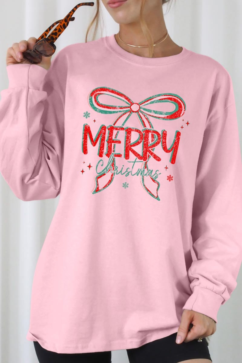 UL240P-E3197 Merry Christmas Bow Graphic Plus Long Sleeve Tee $17