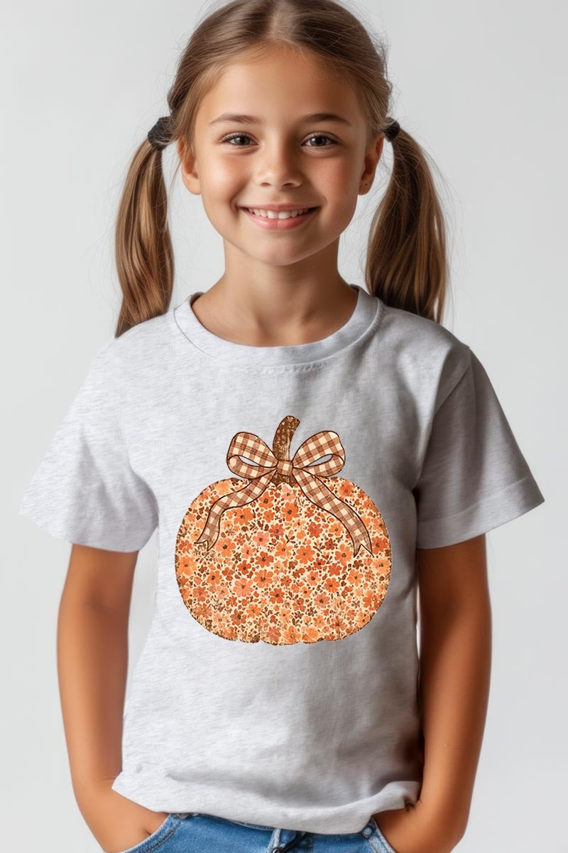 US3001Y-E3135Z Floral Fall Pumpkin Kids Graphic Tee $11