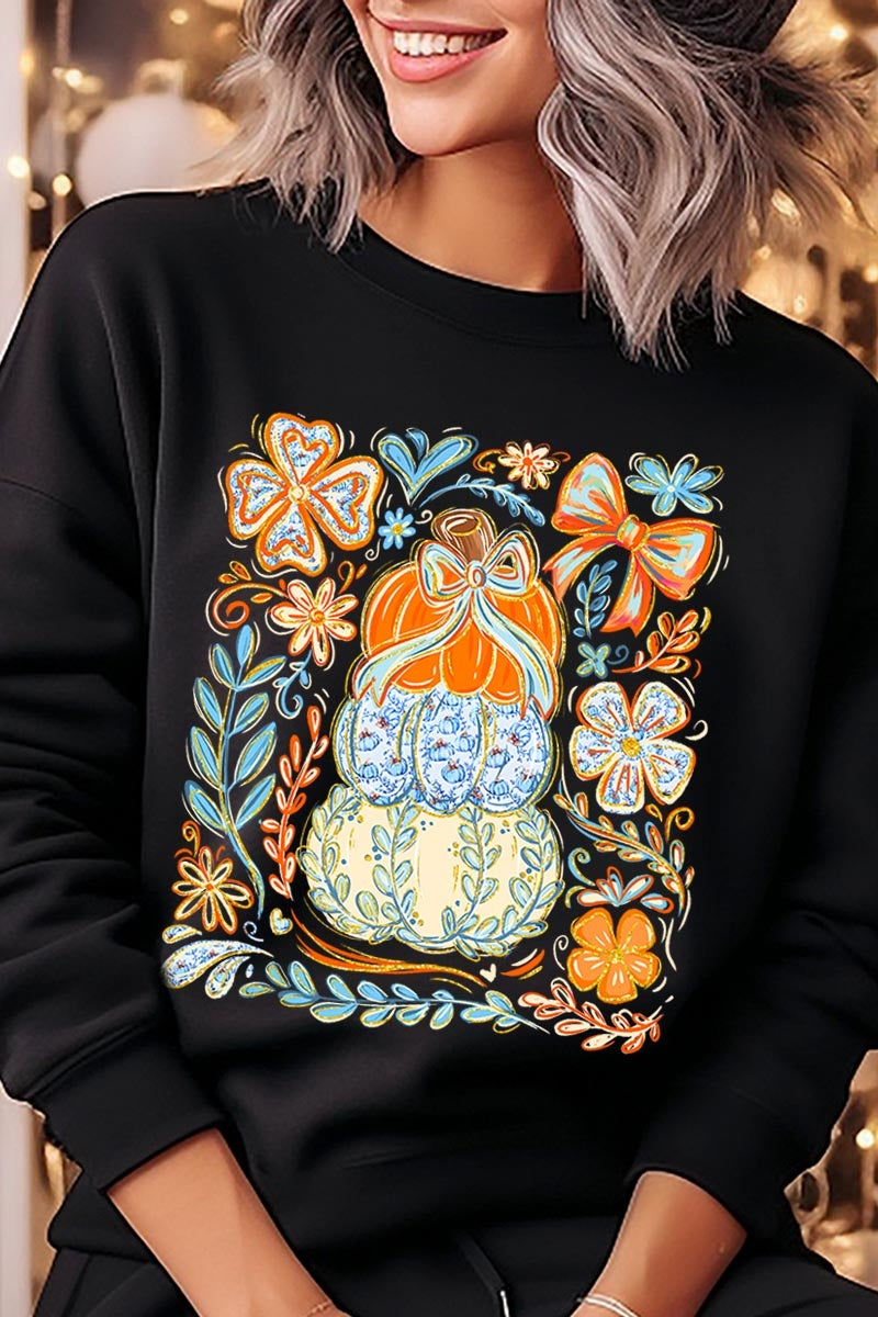UL180P-E3153 Floral Pumpkin Stack Graphic Plus Sweatshirt $25