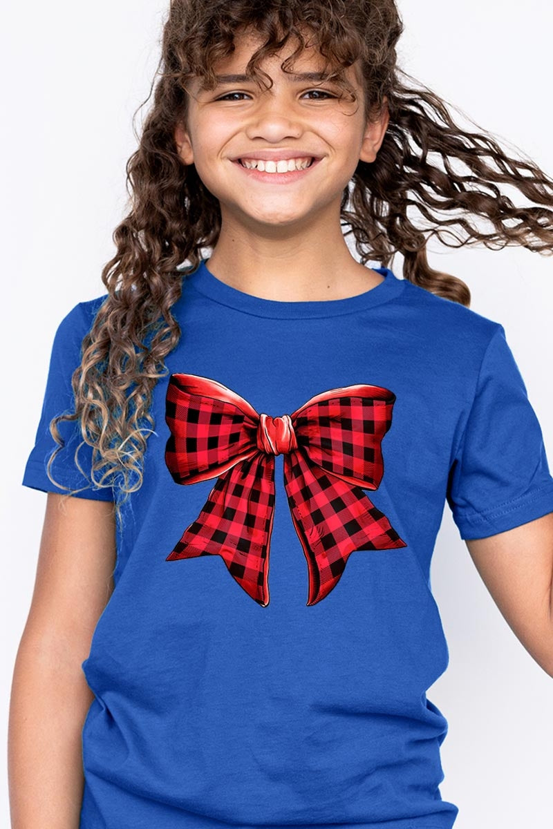 US3001Y-E3198Z Red Buffalo Plaid Bow Kids Graphic Tee $11