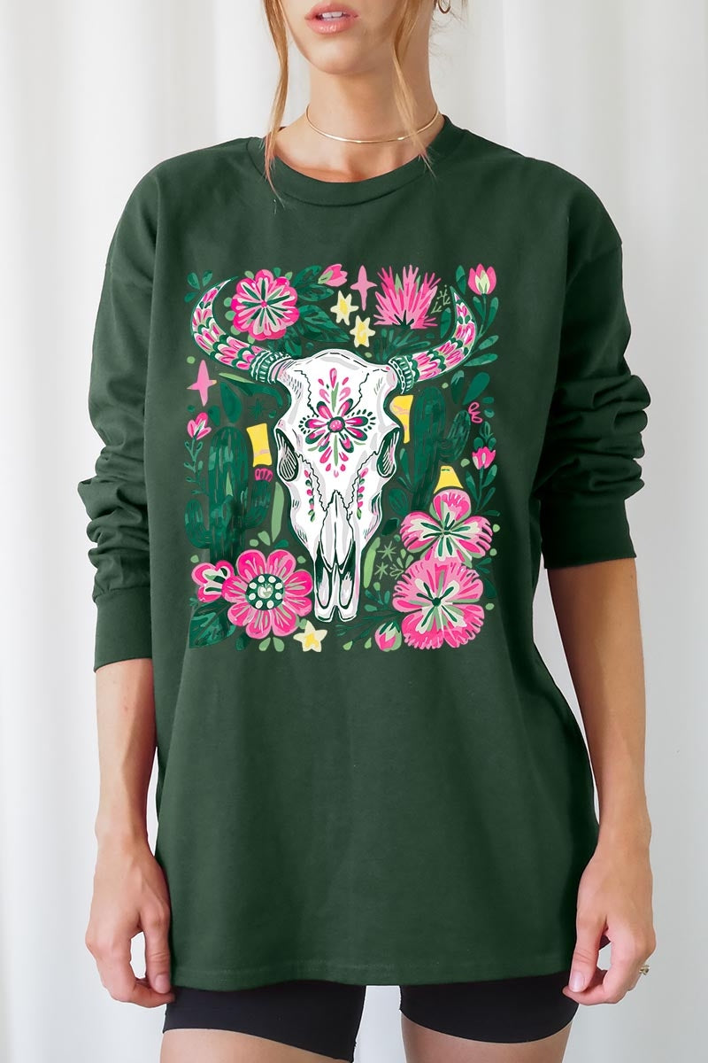 UL240-E3086 Western Floral Cow Skull Graphic Long Sleeve Tee $13.75
