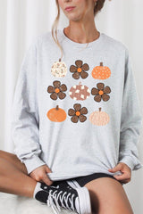 UL240-E3117 Pumpkins & Flowers Fall Graphic Long Sleeve Tee $13.75