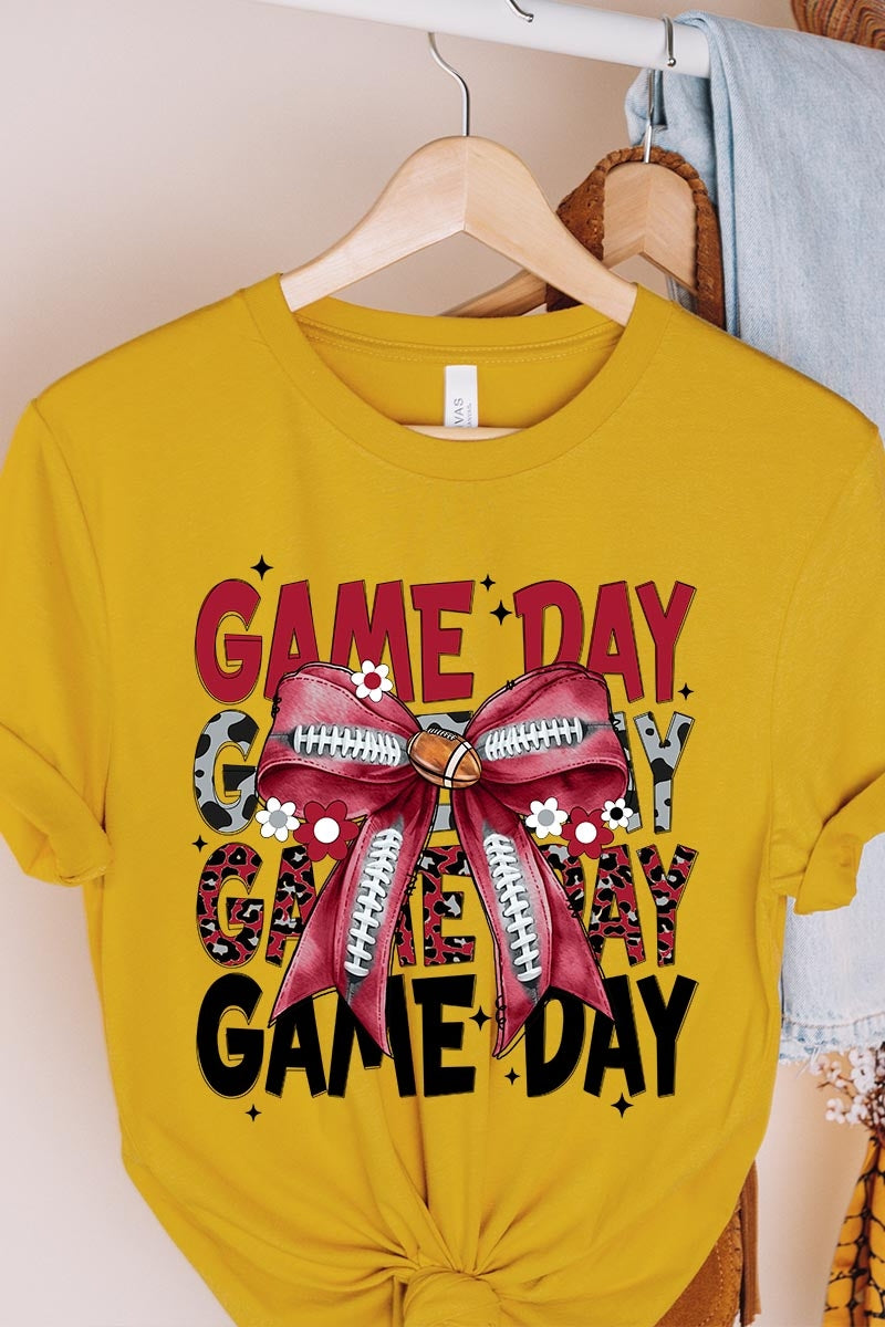 US3001-E3093 Red Silver Football Game Day Bow Graphic Tee $12.5