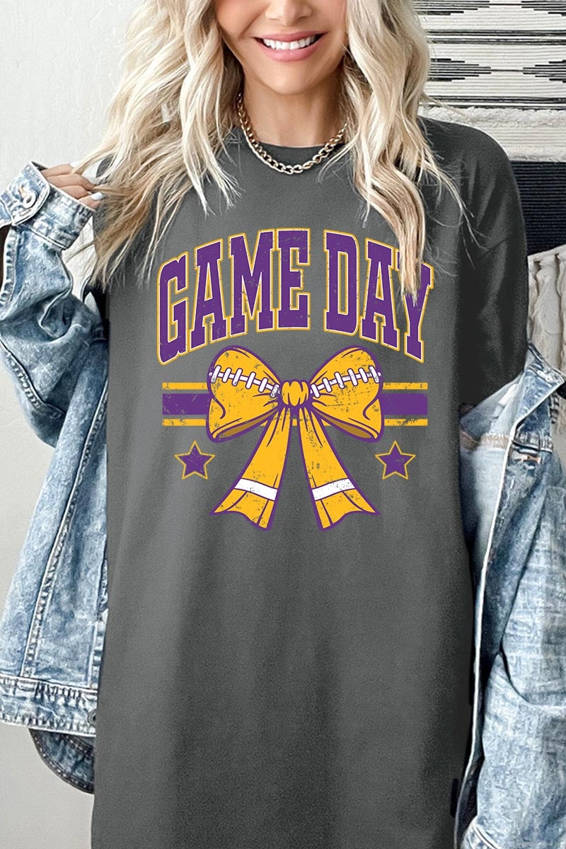 5000-E3063 Purple Football Bow Graphic Heavy Cotton Tee $9