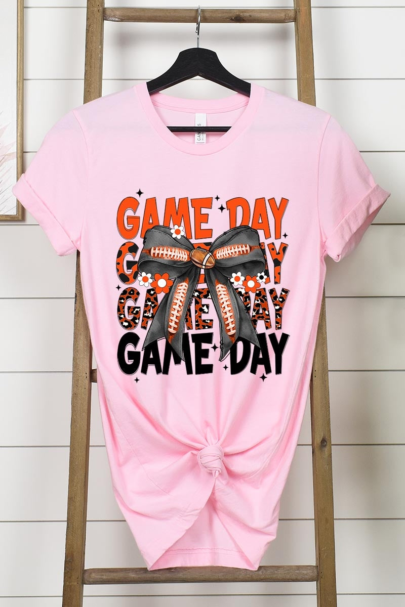 US3001-E3088 Orange Black Football Game Day Bow Graphic Tee $12.5
