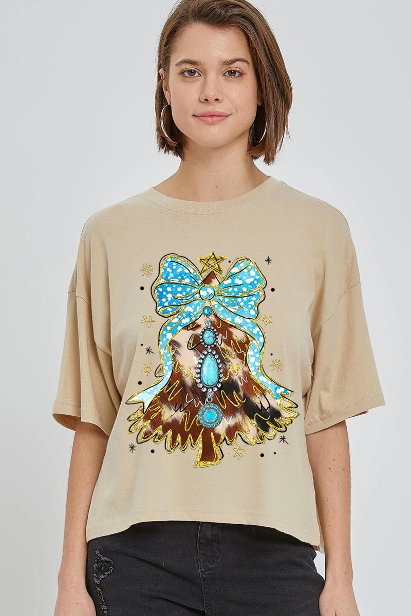 CTS-E3184 Turquoise Christmas Tree Graphic Relaxed Crop Top $11
