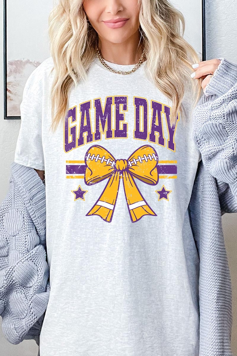 5000-E3063 Purple Football Bow Graphic Heavy Cotton Tee $9