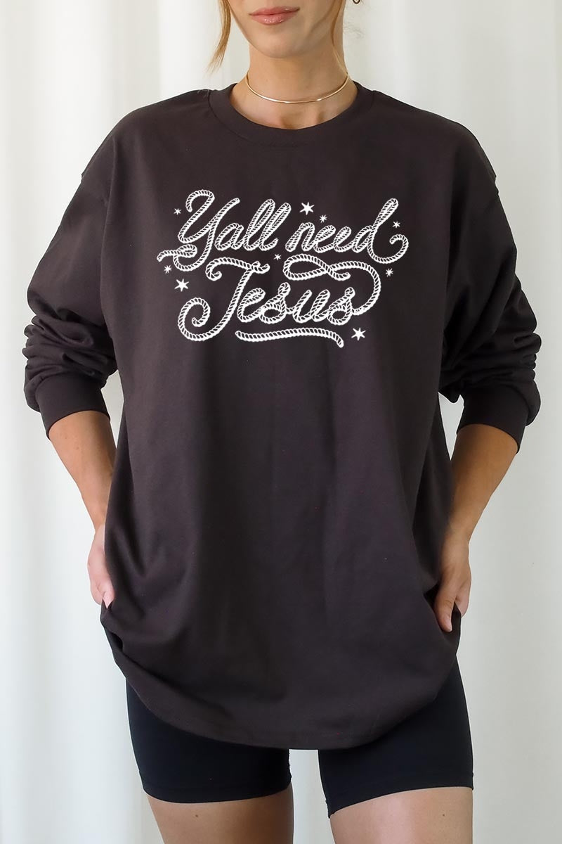 UL240P-E3115 Y'all Need Jesus Graphic Plus Long Sleeve Tee $17