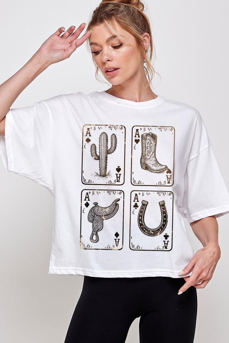 CTS-E3094 Western Cowgirl Card Graphic Relaxed Crop Top $11