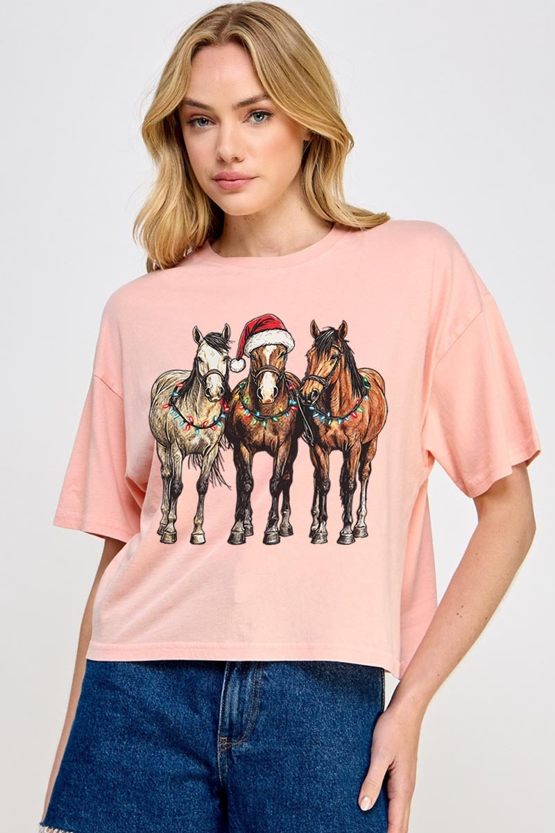 CTS-E3182 Christmas Horses Graphic Relaxed Crop Top $11