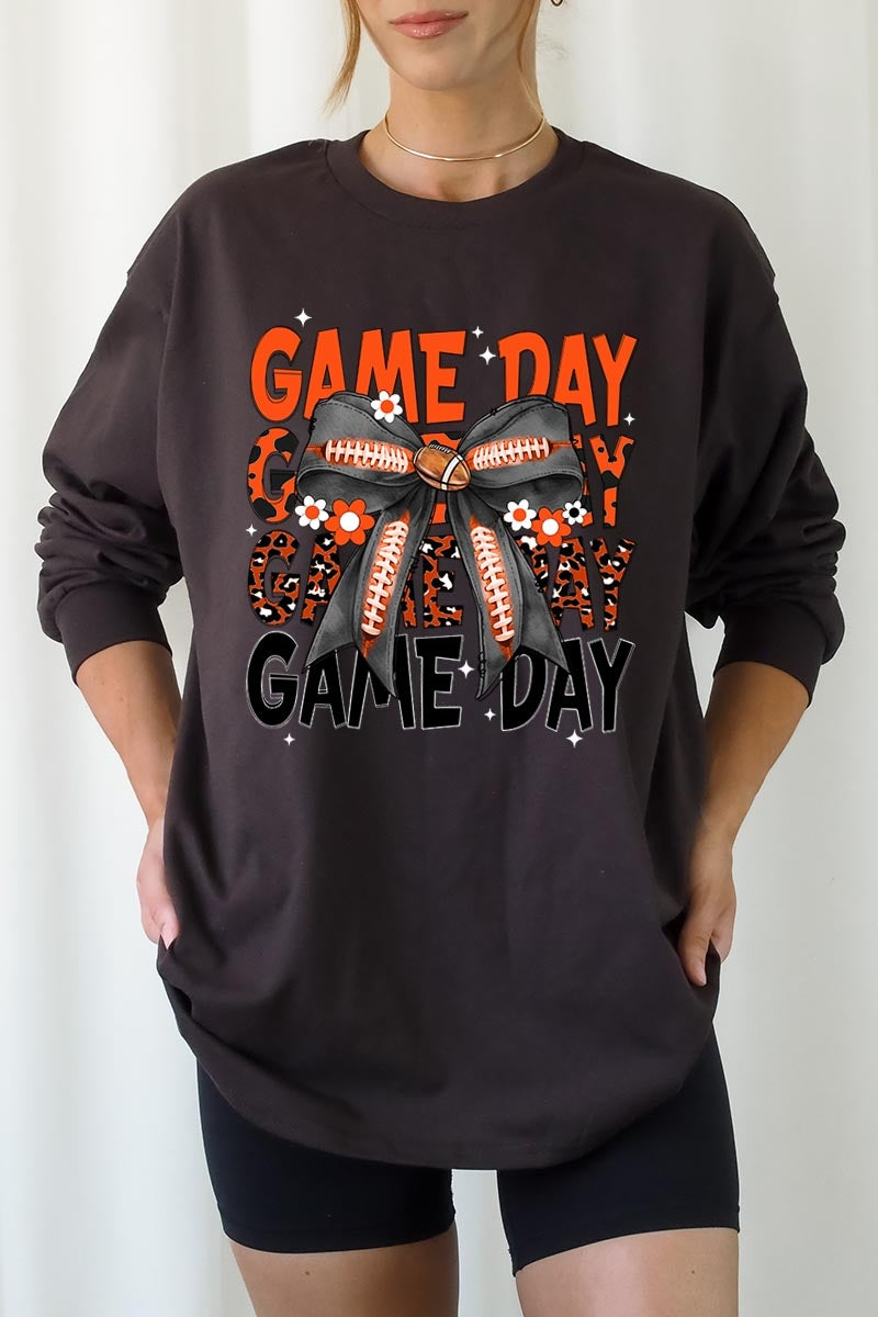 UL240-E3088 Orange Black Football Game Day Bow Long Sleeve Tee $13.75