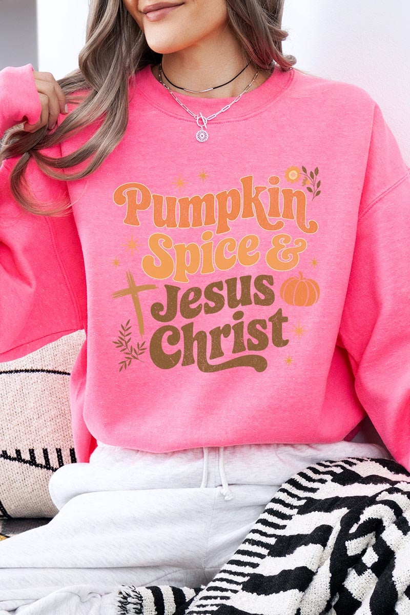 UL180P-E3164 Pumpkin Spice & Jesus Graphic Plus Sweatshirt $25