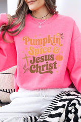 UL180P-E3164 Pumpkin Spice & Jesus Graphic Plus Sweatshirt $25