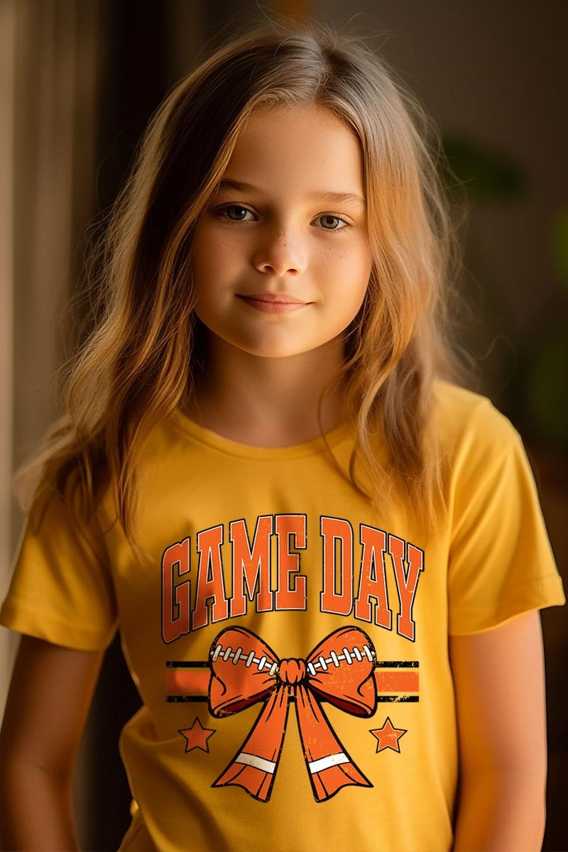 US3001Y-E3064Z Orange Game Day Football Bow Kids Graphic Tee $11