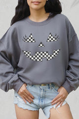 UL180P-E3149 Checker Pumpkin Face Graphic Plus Sweatshirt $25