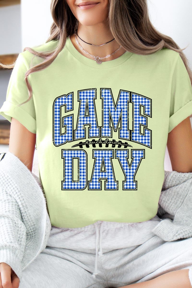 US3001-E3130 Blue Gingham Game Day Graphic Tee $12.5