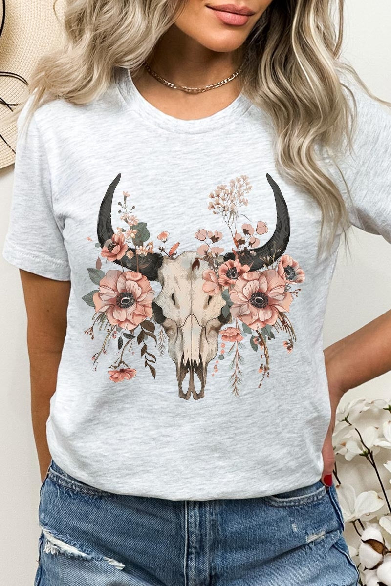 US3001P-E3113 Western Skull Floral Graphic Plus Tee $16