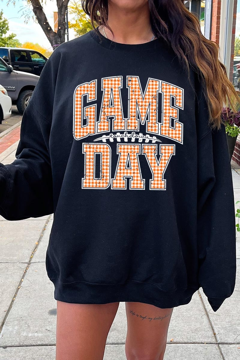 UL180P-E3129 Orange Gingham Game Day Graphic Plus Sweatshirt $25