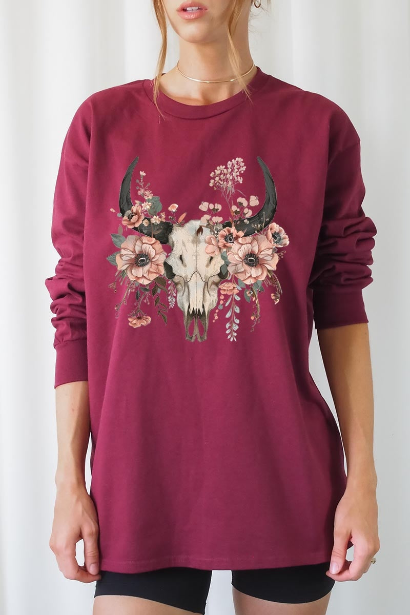 UL240P-E3113 Western Skull Floral Graphic Plus Long Sleeve Tee $17