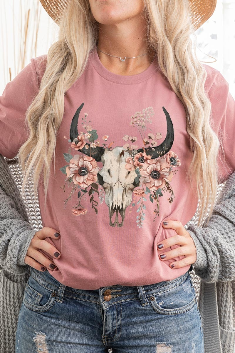US3001P-E3113 Western Skull Floral Graphic Plus Tee $16