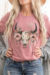 US3001-E3113 Western Skull Floral Graphic Tee $12.5