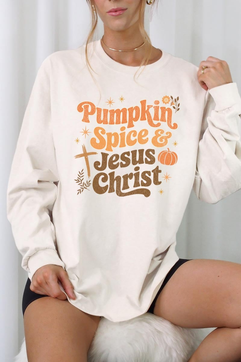 UL240-E3164 Pumpkin Spice & Jesus Graphic Long Sleeve Tee $13.75