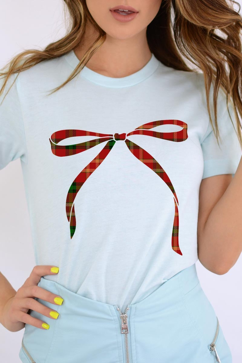 US3001-E3211 Red Bow Christmas Graphic Tee $12.5