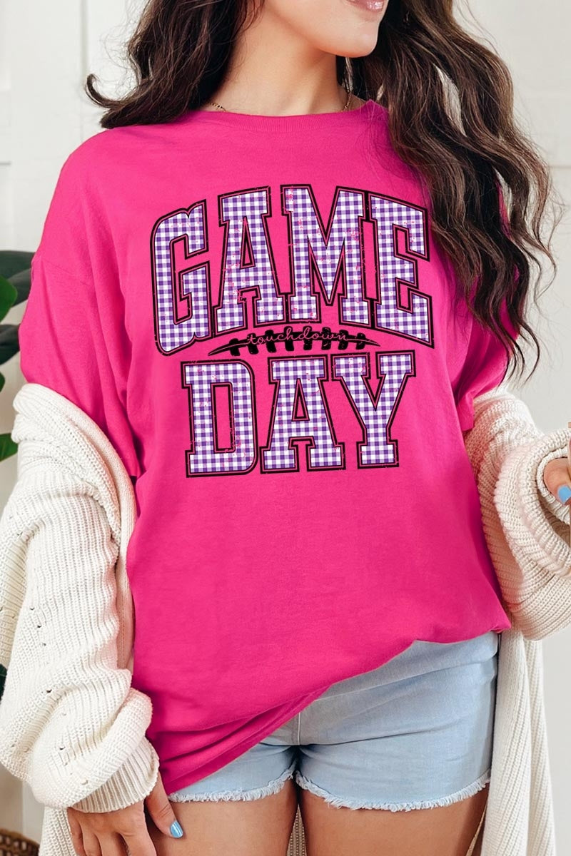 5000-E3127 Purple Gingham Game Day Graphic Heavy Cotton Tee $9